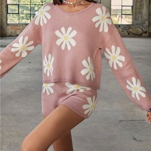 Pink Floral Knitted Two Piece SHEIN Set